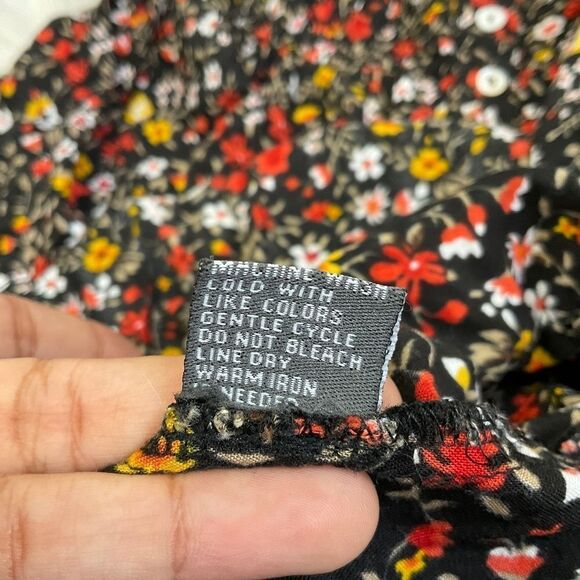 J Gee Black Red Ditsy Floral Button-Up 3/4 Sleeve Midi Boho Dress Medium Petite - Picture 6 of 12